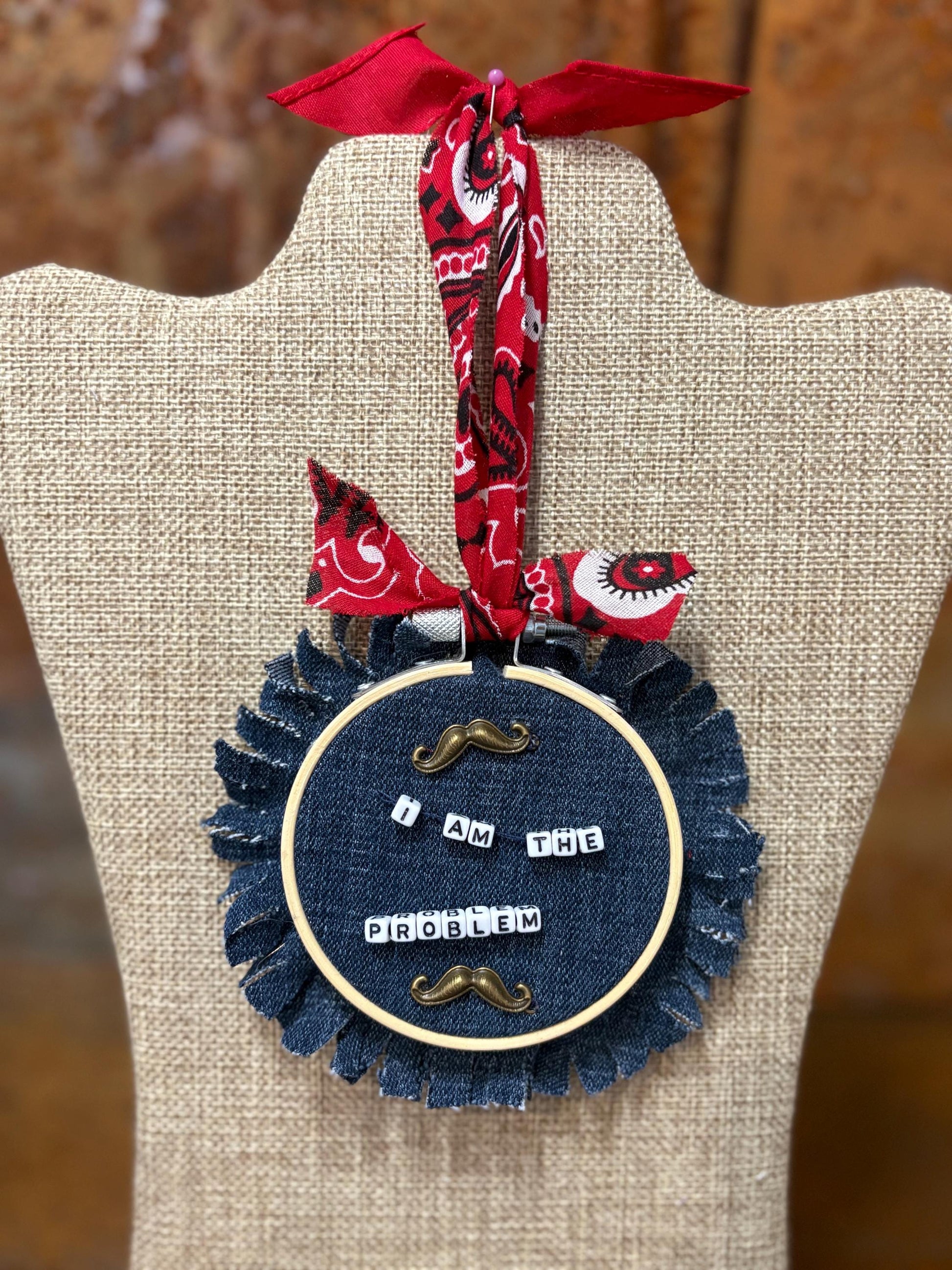 Morgan Wallen Themed Mini Denim Embroidery Ring Wreath Ornament I am The Problem