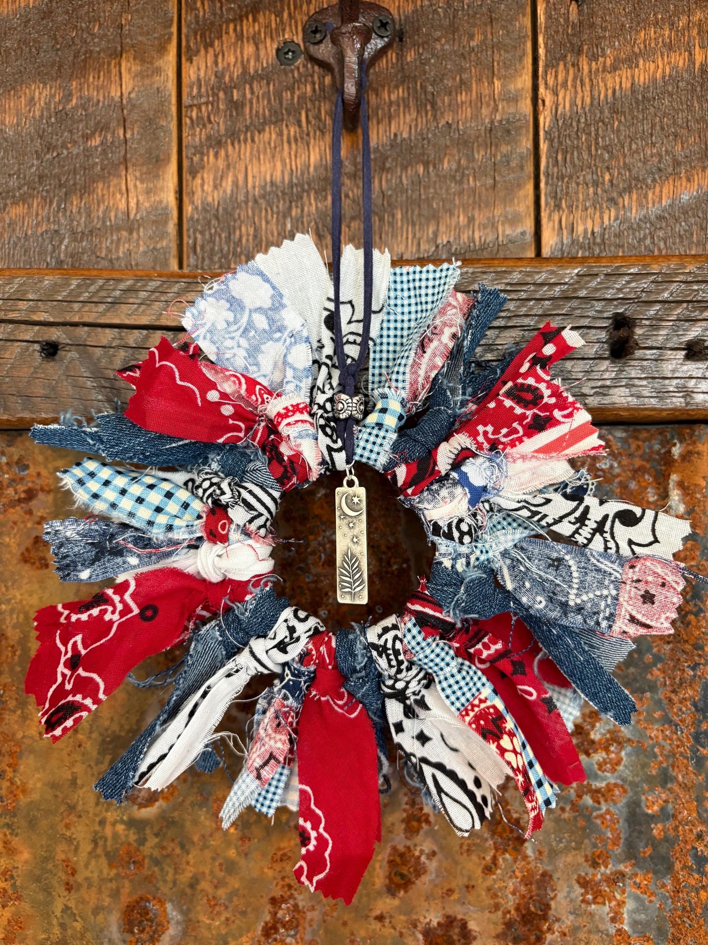 Fabric Wrapped Mini Mason Ring Wreath Western Themed Moon & Tree Charm