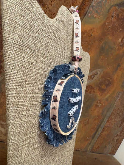 Morgan Wallen Themed Mini Denim Embroidery Ring Wreath Ornament I am a Little Crazy