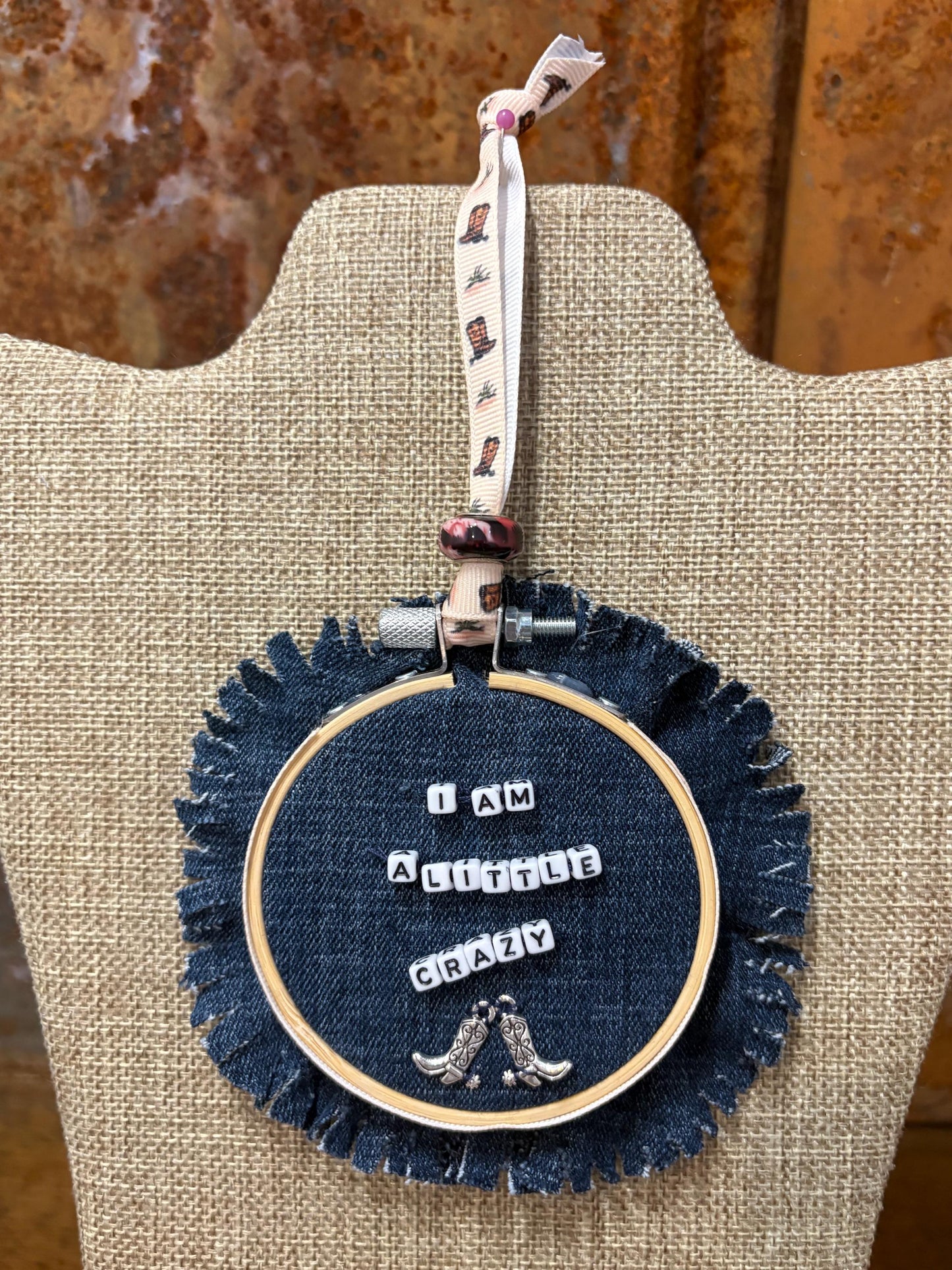 Morgan Wallen Themed Mini Denim Embroidery Ring Wreath Ornament I am a Little Crazy