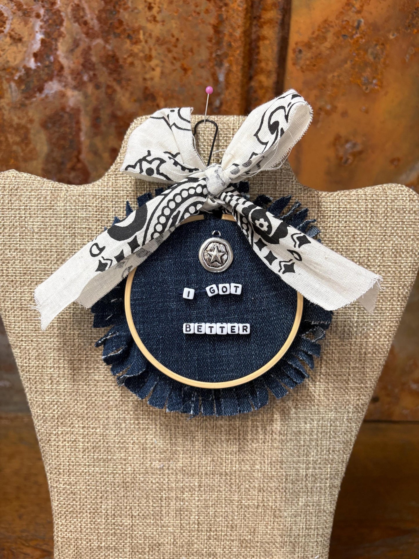 Morgan Wallen Themed Mini Denim Embroidery Ring Wreath Ornament I Got Better