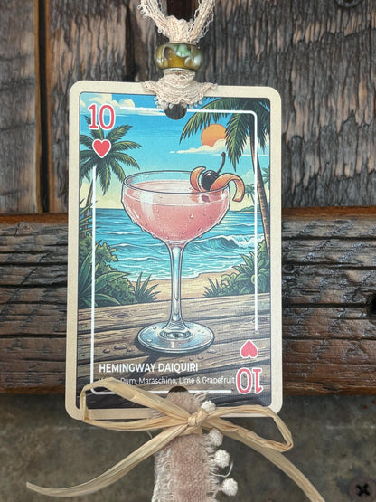 Upcycled Tropical Cocktail Playing Card Tassel Bookmark | Handmade Beaded Ribbon Charm