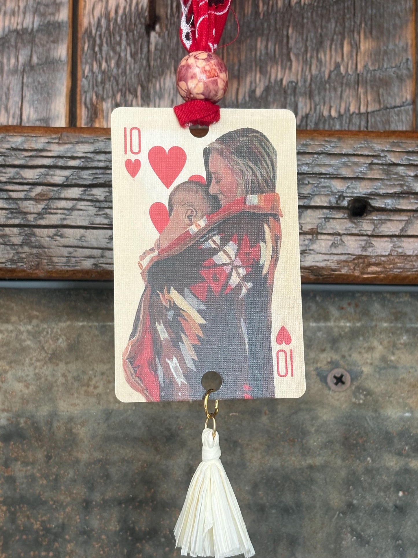 Handmade Car Rearview Mirror Charm: Western Boho Playing Card Tassel Mother & Child