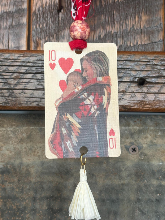 Handmade Car Rearview Mirror Charm: Western Boho Playing Card Tassel Mother & Child