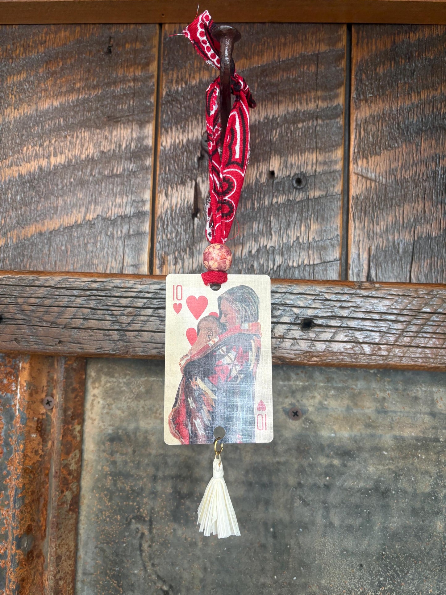Handmade Car Rearview Mirror Charm: Western Boho Playing Card Tassel Mother & Child