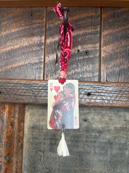 Handmade Car Rearview Mirror Charm: Western Boho Playing Card Tassel Mother & Child