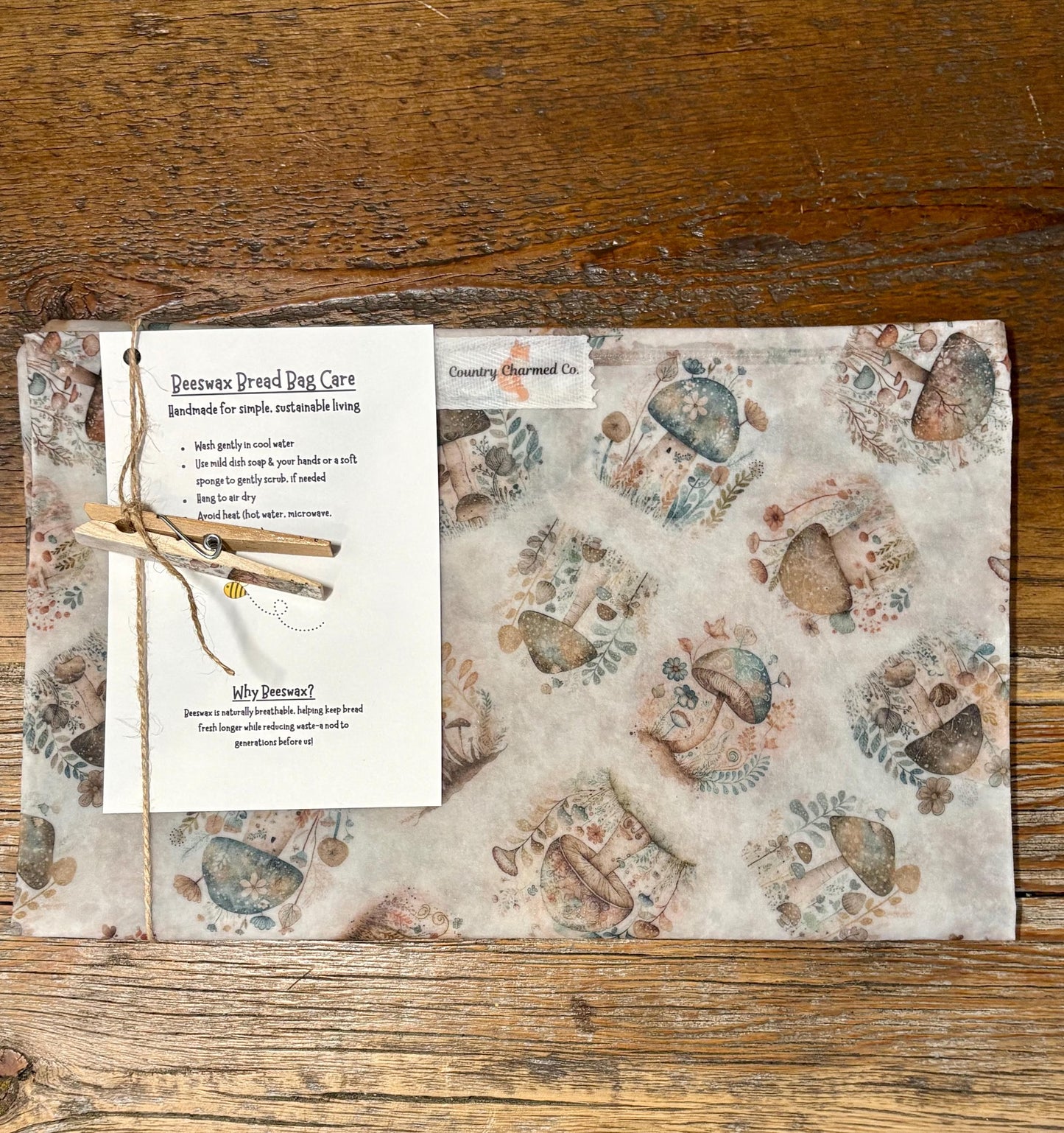Handmade Organic Beeswax Bread Bag w/ Decorative Clothes Pin Clip – Reusable Eco Friendly