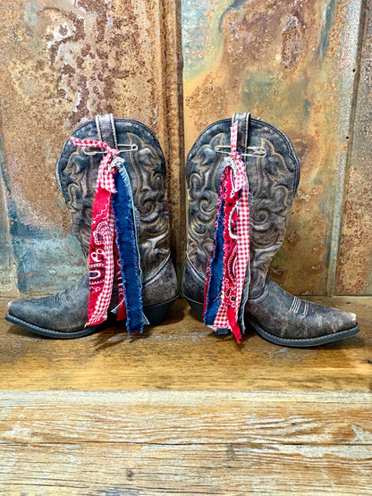 Cowboy Boot Ties Bows Dangles - Western Boho Cowgirl Handmade accessory - Blue Jean Baby