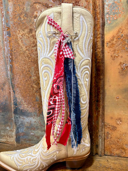 Cowboy Boot Ties Bows Dangles - Western Boho Cowgirl Handmade accessory - Blue Jean Baby