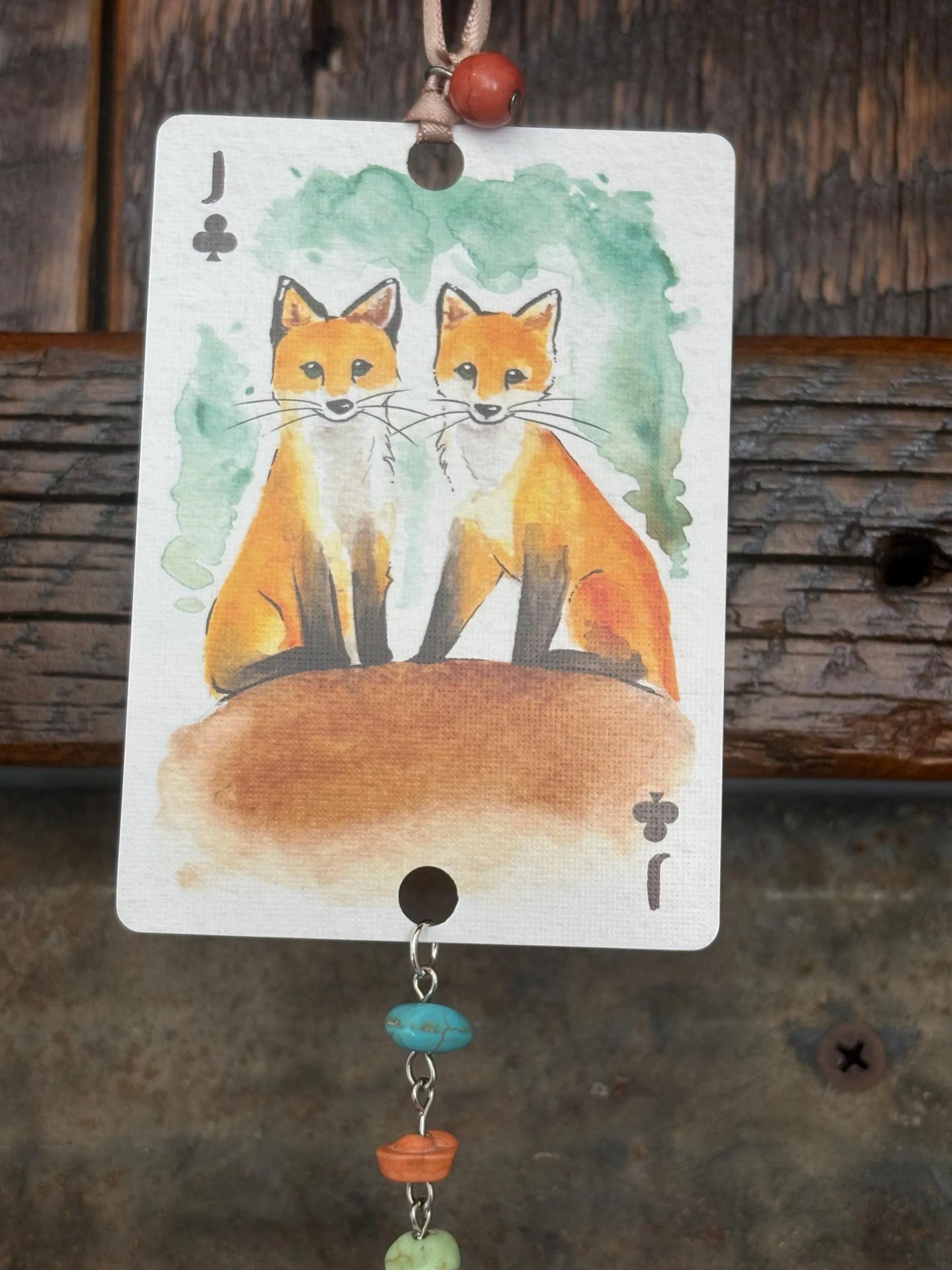 Upcycled Rearview Mirror Fox Charm: Playing Card Art Tassel