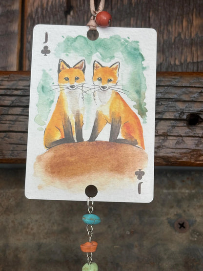 Upcycled Rearview Mirror Fox Charm: Playing Card Art Tassel