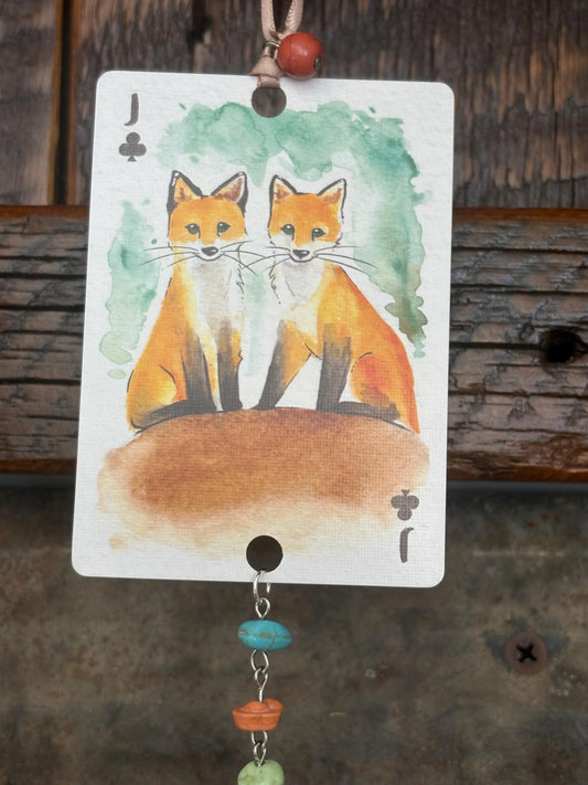 Upcycled Rearview Mirror Fox Charm: Playing Card Art Tassel