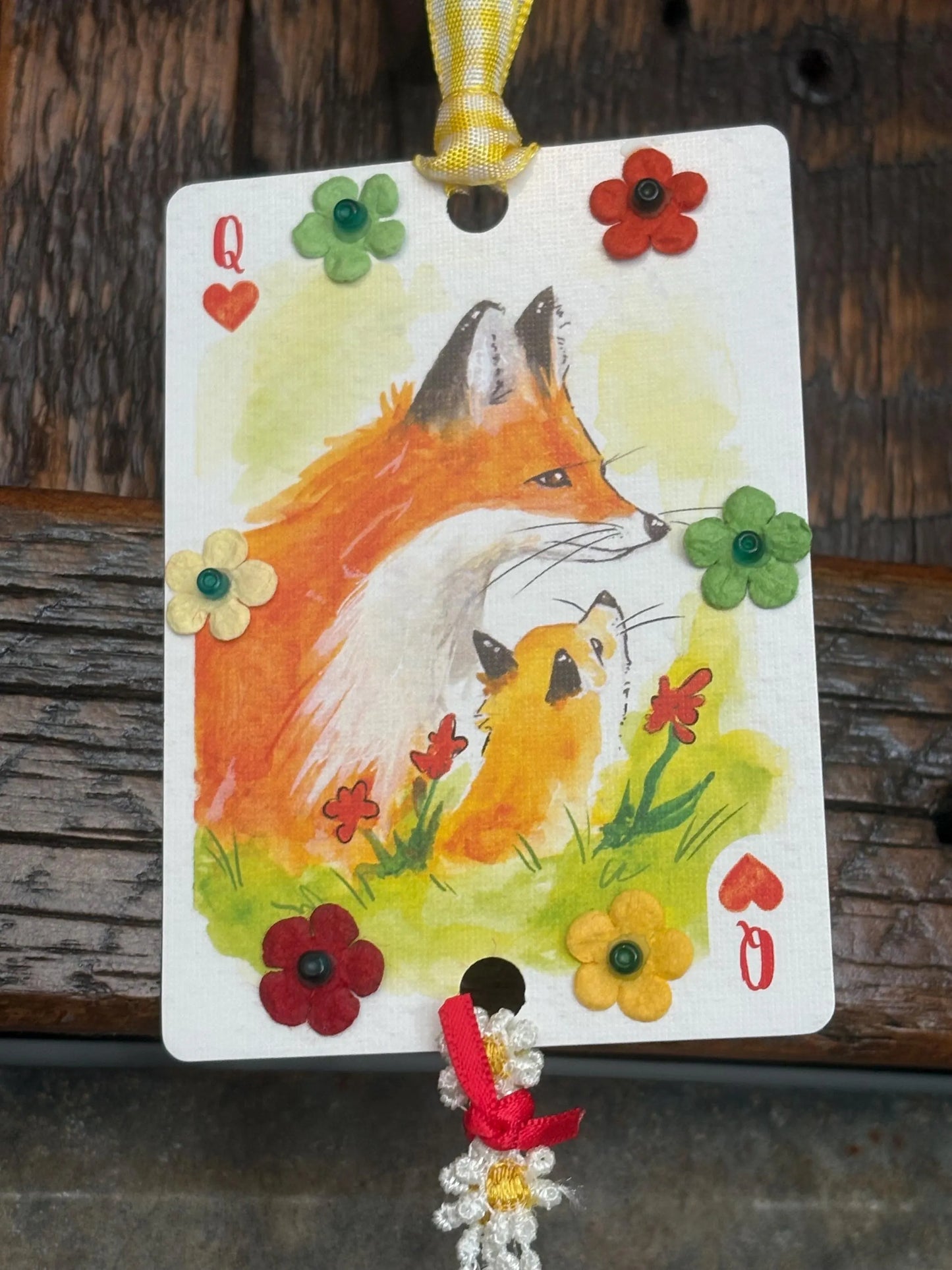 Upcycled Rearview Mirror Fox Charm: Playing Card Art Tassel