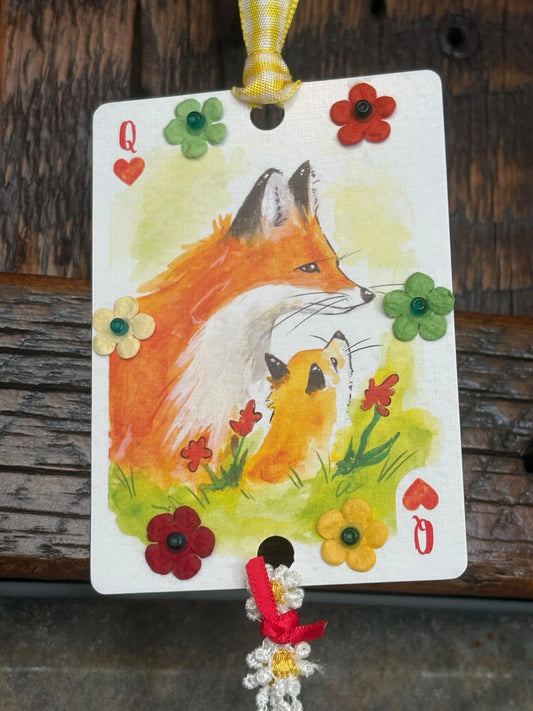 Upcycled Rearview Mirror Fox Charm: Playing Card Art Tassel