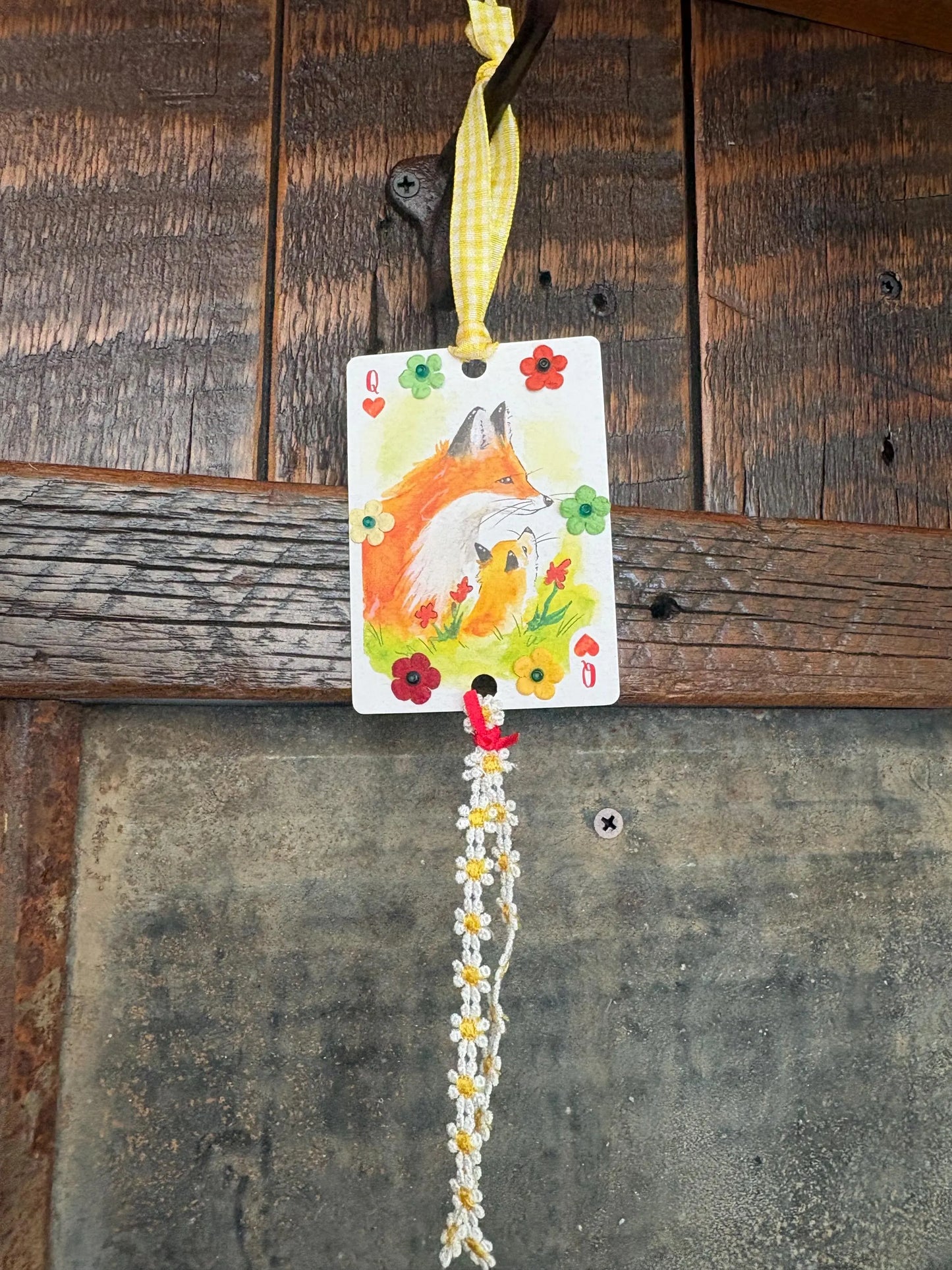 Upcycled Rearview Mirror Fox Charm: Playing Card Art Tassel