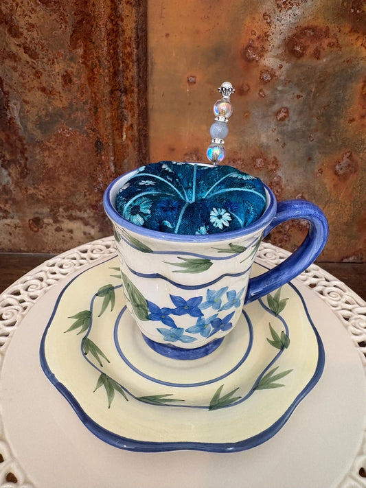 Teacup Pincushion with Saucer | Vintage Style Sewing Pin Holder and Handmade Decorative Pin