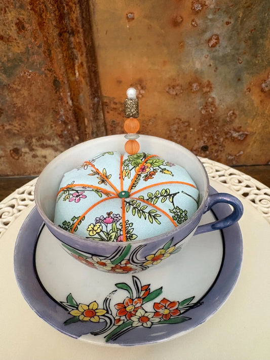 Teacup Pincushion with Saucer | Vintage Style Sewing Pin Holder and Handmade Decorative Pin