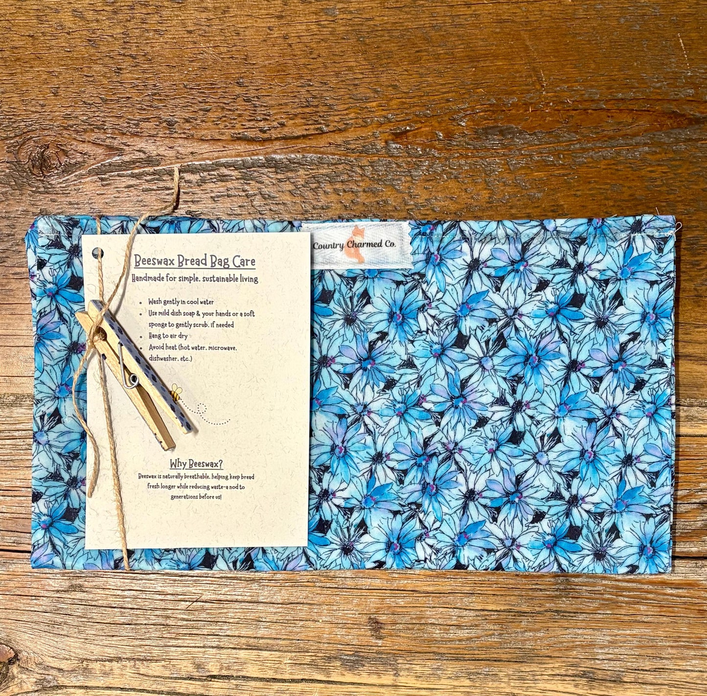 Handmade Organic Beeswax Bread Bag w/ Decorative Clothes Pin Clip – Reusable Eco Friendly