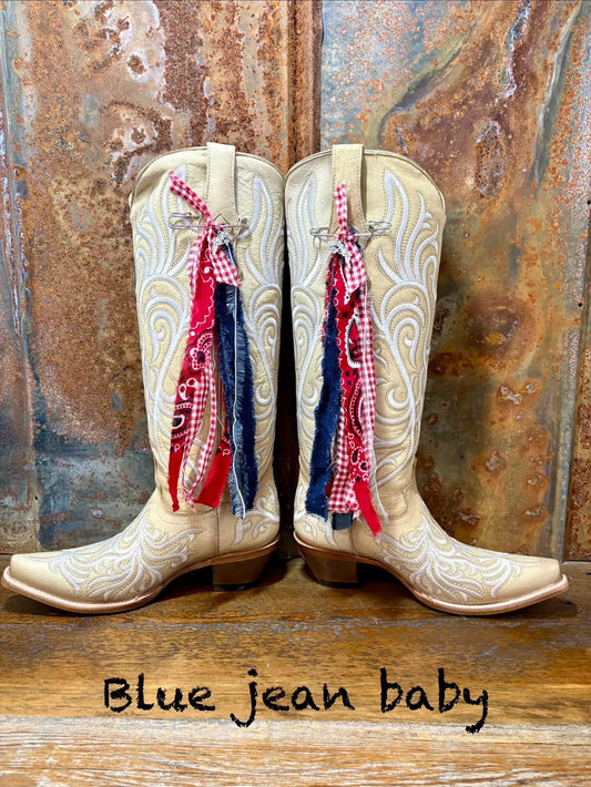 Cowboy Boot Ties Bows Dangles - Western Boho Cowgirl Handmade accessory - Blue Jean Baby