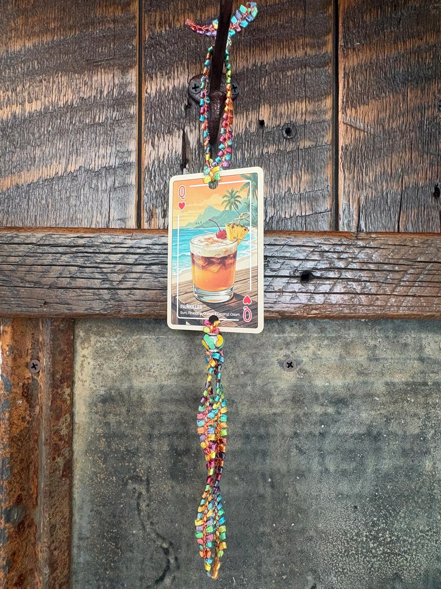 Upcycled Tropical Cocktail Playing Card Tassel Bookmark | Handmade Beaded Ribbon Charm