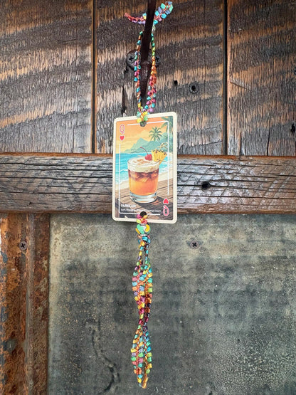 Upcycled Tropical Cocktail Playing Card Tassel Bookmark | Handmade Beaded Ribbon Charm
