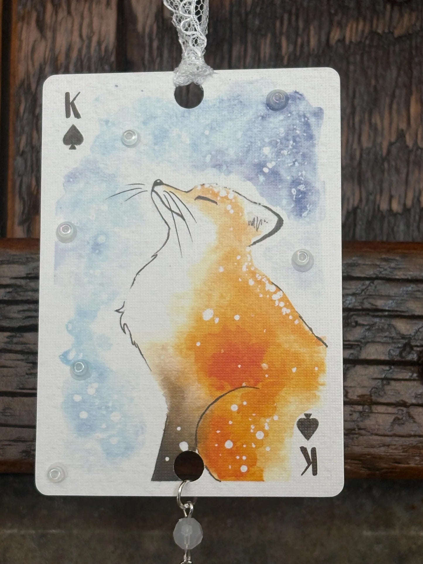 Upcycled Rearview Mirror Fox Charm: Playing Card Art Tassel