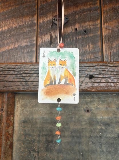 Upcycled Rearview Mirror Fox Charm: Playing Card Art Tassel