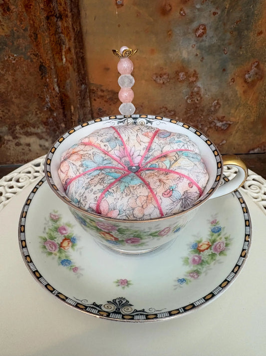 Teacup Pincushion with Saucer | Vintage Style Sewing Pin Holder and Handmade Decorative Pin