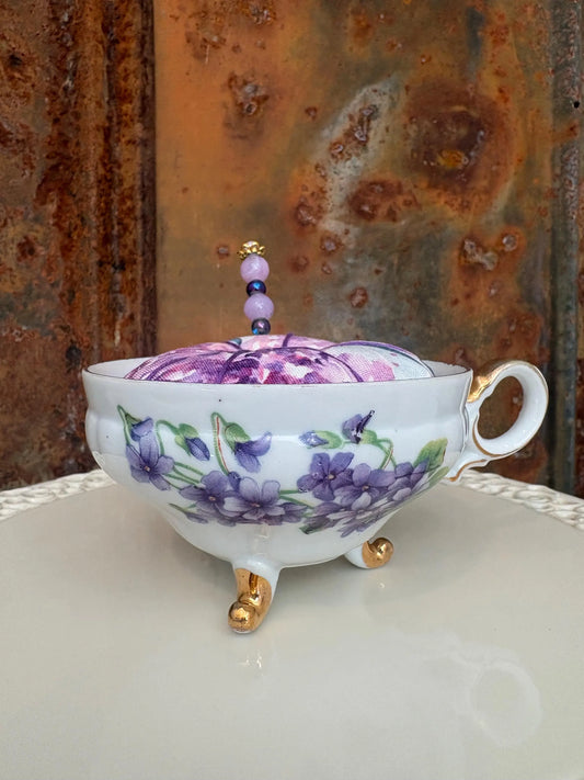 Upcycled China Tea Cup Pincushion | Vintage Style Pin Holder with Decorative Pin