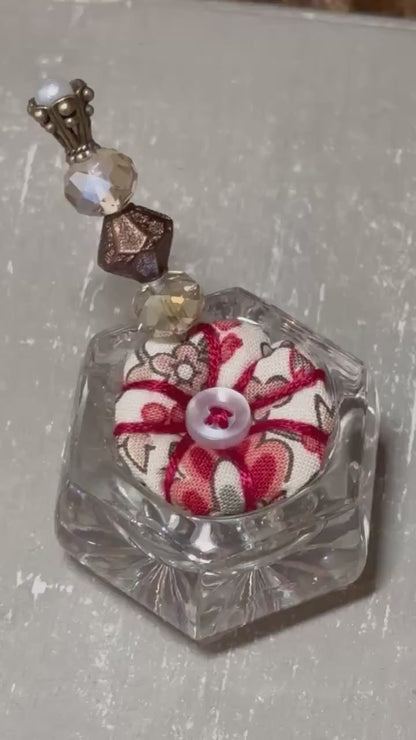 Handmade Salt Cellar Pin Cushion – Decorative Mini Pincushion with Beaded Pin