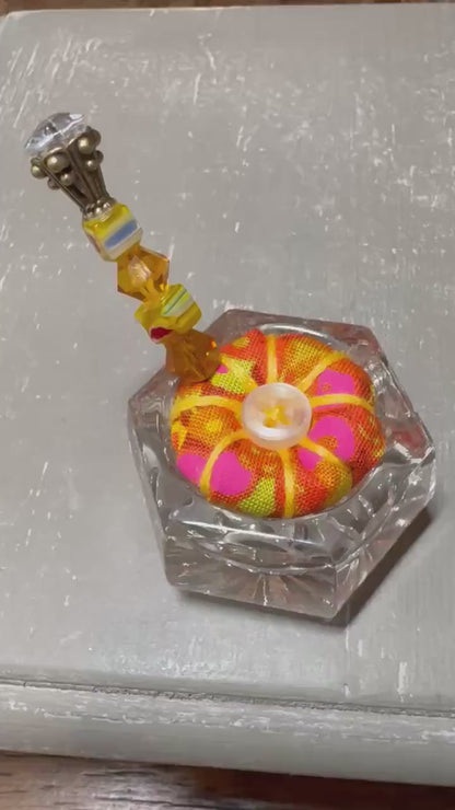 Handmade Salt Cellar Pin Cushion – Decorative Mini Pincushion with Beaded Pin