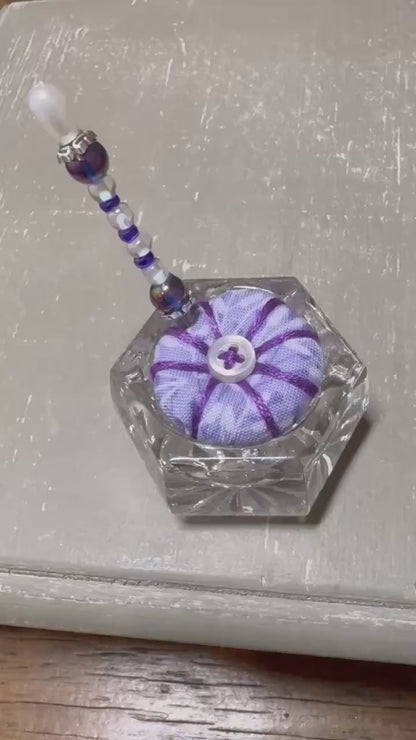 Handmade Salt Cellar Pin Cushion – Decorative Mini Pincushion with Beaded Pin