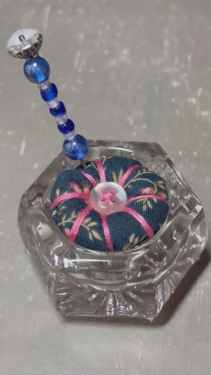 Handmade Salt Cellar Pin Cushion – Decorative Mini Pincushion with Beaded Pin