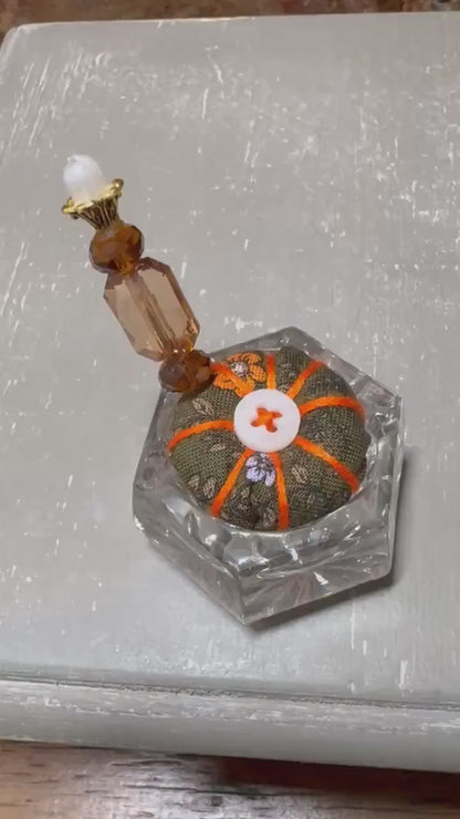 Handmade Salt Cellar Pin Cushion – Decorative Mini Pincushion with Beaded Pin