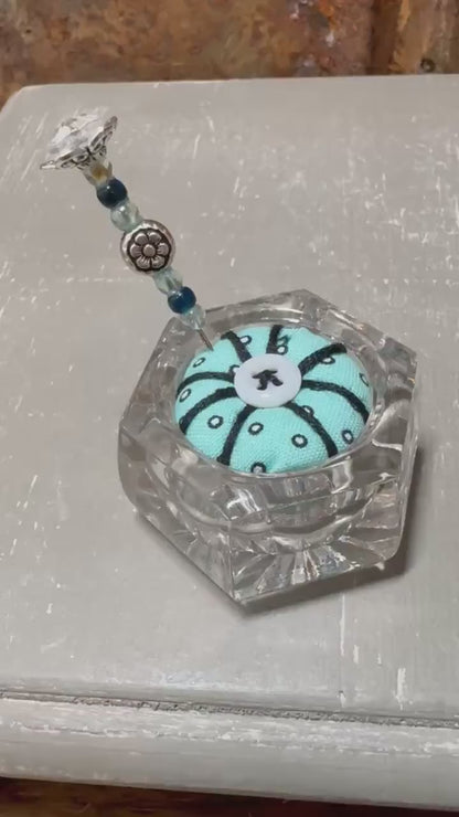 Handmade Salt Cellar Pin Cushion – Decorative Mini Pincushion with Beaded Pin
